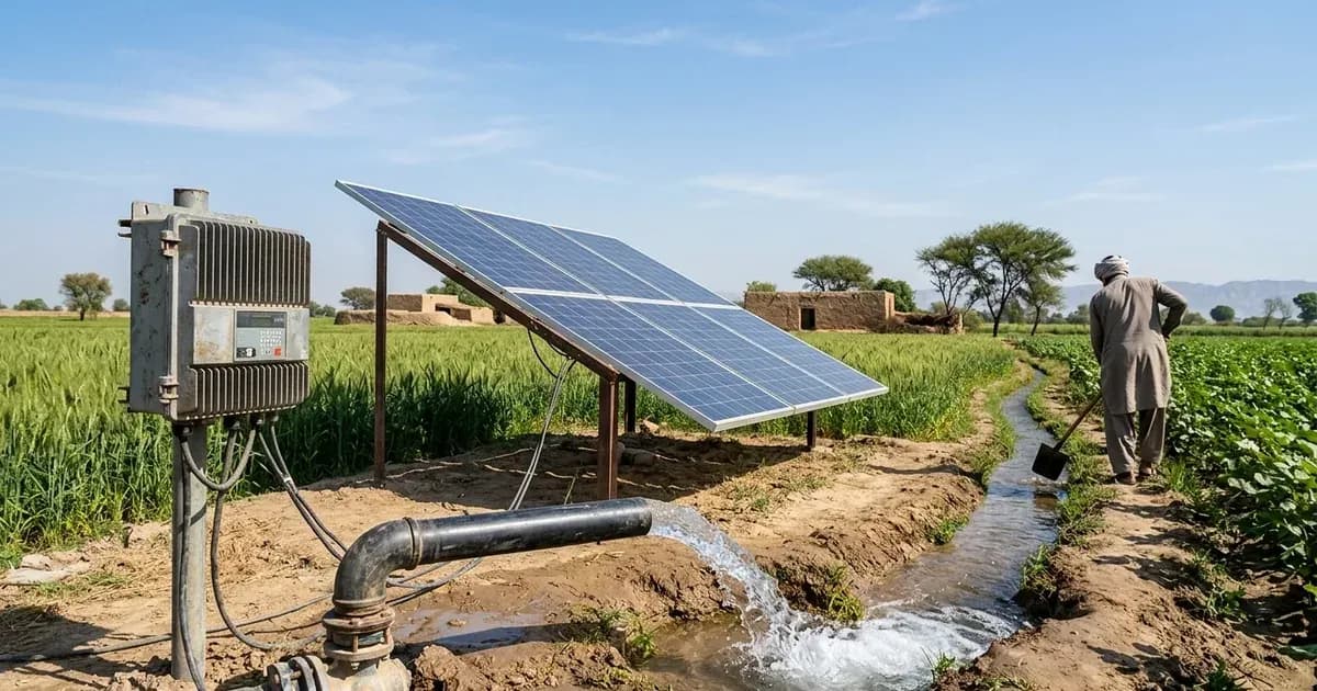 Solar-powered agricultural water pump discharging water into a farm irrigation channel in rural Pakistan. — SolarNevs spec card