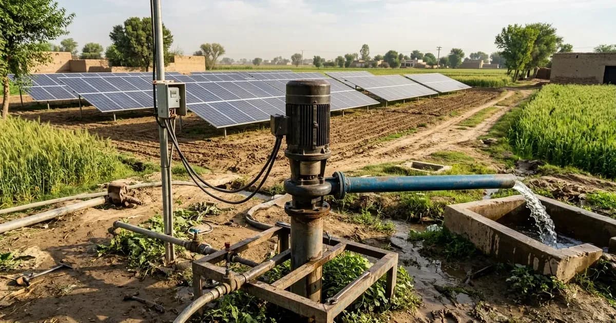 Agricultural solar tube well pump motor and water discharge pipe in a rural farm field in Pakistan. — SolarNevs spec card