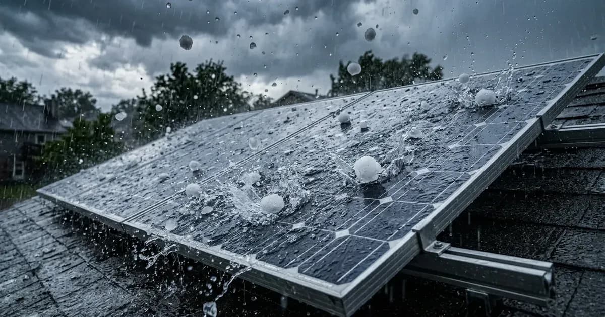 Hailstones impacting and bouncing off a durable tempered glass rooftop solar panel array. — SolarNevs spec card