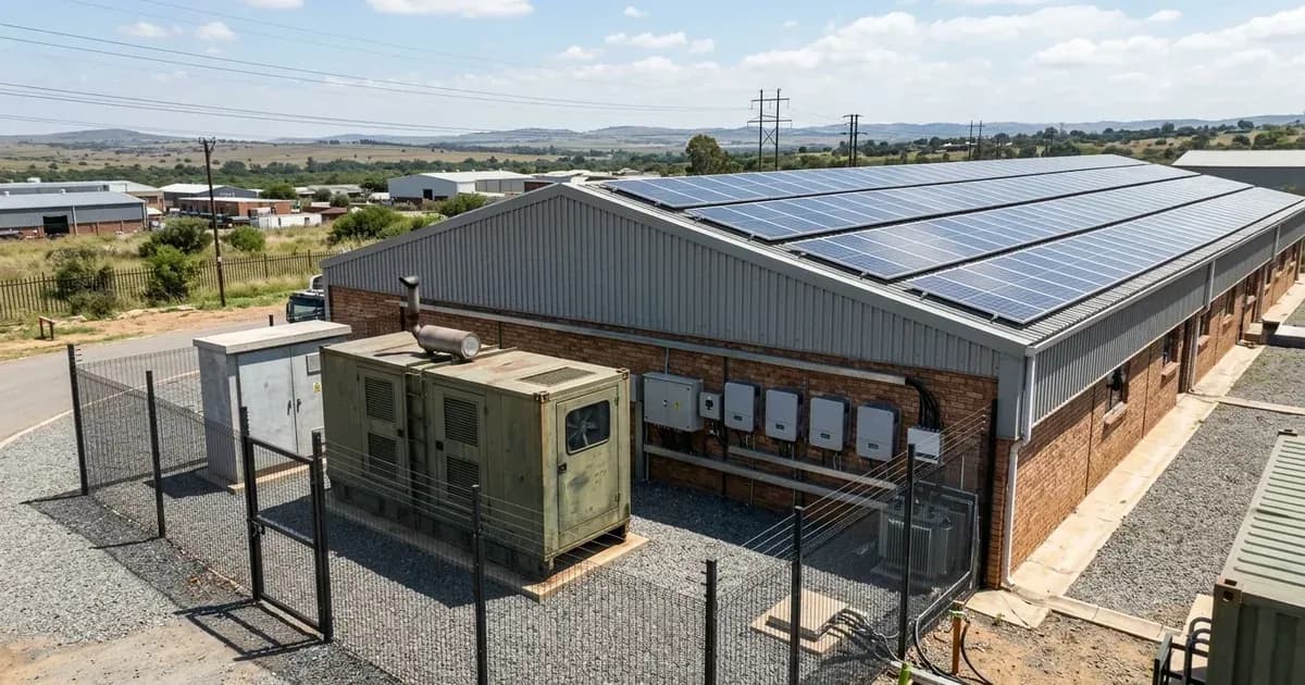 Commercial rooftop solar PV array and backup generator enclosure on a facility in South Africa. — SolarNevs spec card