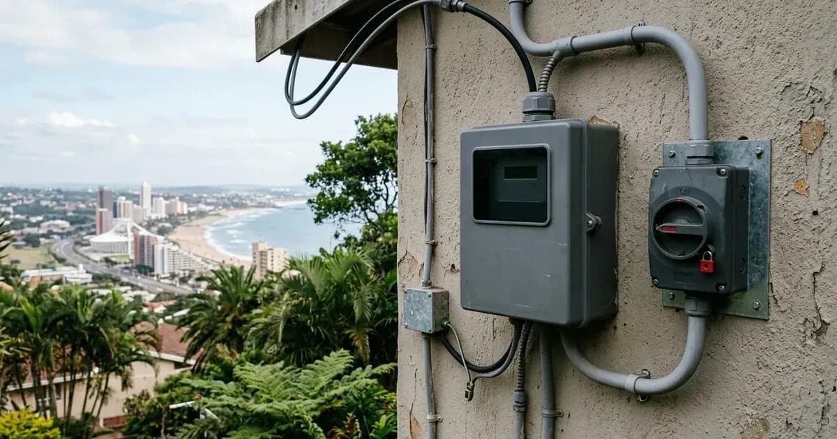 Wall-mounted bi-directional meter and AC isolation switch overlooking the Durban coastline. — SolarNevs spec card