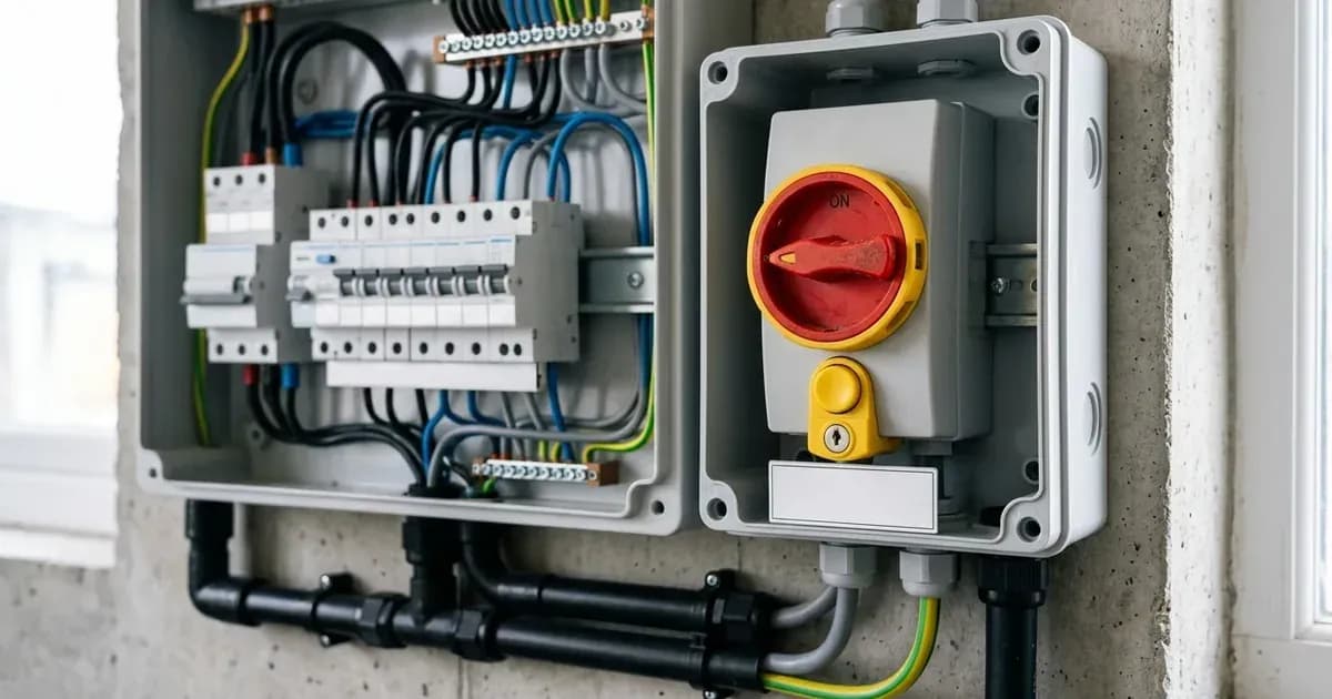 Lockable rotary AC isolator switch installed beside a main electrical distribution board. — SolarNevs spec card