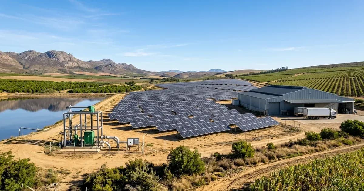 Ground-mounted solar panel array powering an agricultural water pump on a South African farm. — SolarNevs spec card