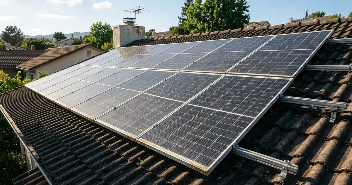 Rooftop solar panel array showing realistic weathering and durable silicon solar cells. — SolarNevs spec card