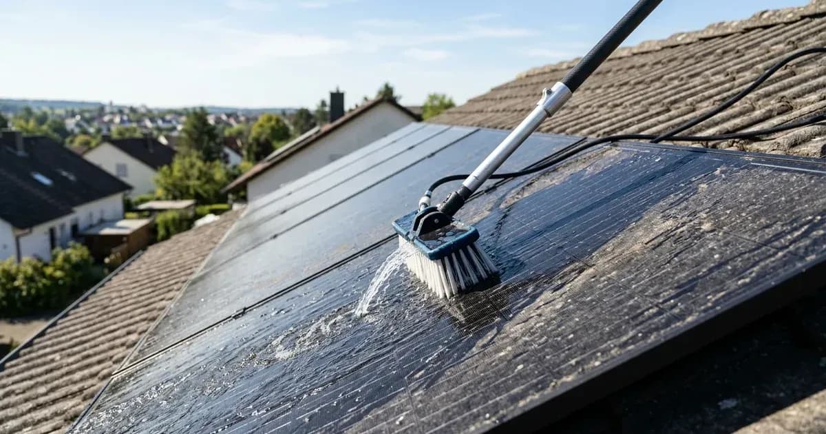 Telescopic soft-bristle wash brush cleaning dust off rooftop solar panels in morning light. — SolarNevs spec card