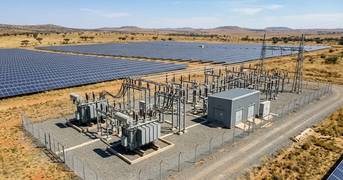 Aerial view of a medium-voltage solar substation and step-up transformers connected to a solar farm in South Africa. — SolarNevs spec card
