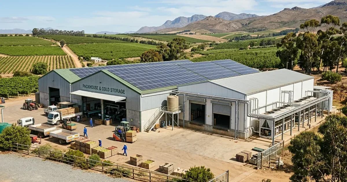 Solar panel array on an agricultural packhouse and cold storage facility in rural South Africa. — SolarNevs spec card