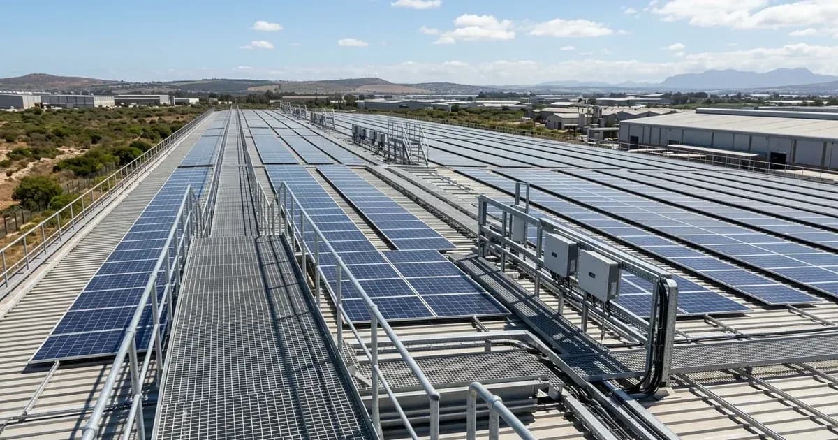 Commercial warehouse rooftop solar installation with dedicated safety walkways and string inverters. — SolarNevs spec card