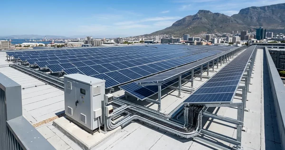 Commercial building rooftop solar panel installation with electrical conduit and inverter housing in South Africa. — SolarNevs spec card