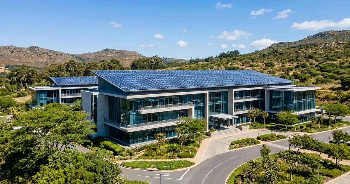 Commercial office building rooftop equipped with a large solar photovoltaic panel installation in South Africa. — SolarNevs spec card