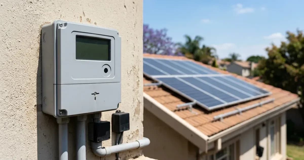 Bi-directional electricity meter in an outdoor utility enclosure with rooftop solar panels in the background. — SolarNevs spec card