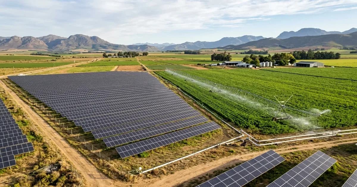 Ground-mounted agricultural solar panel array beside farm irrigation equipment and crop fields in South Africa. — SolarNevs spec card