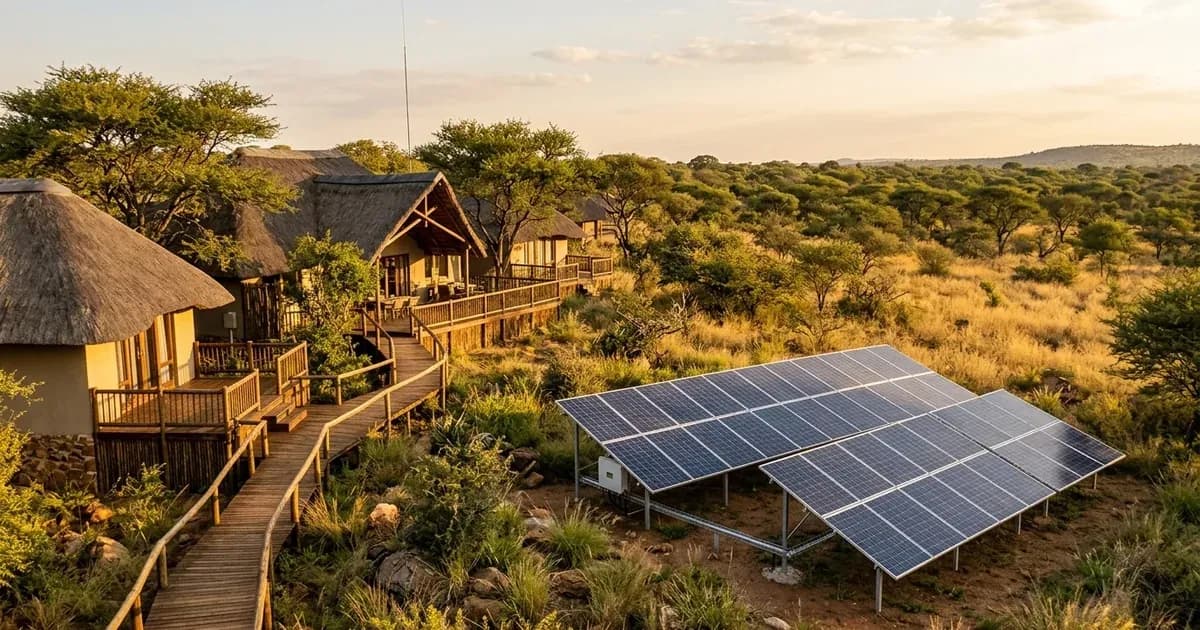 Ground-mounted solar panel array at an off-grid game lodge in the South African bushveld savanna. — SolarNevs spec card