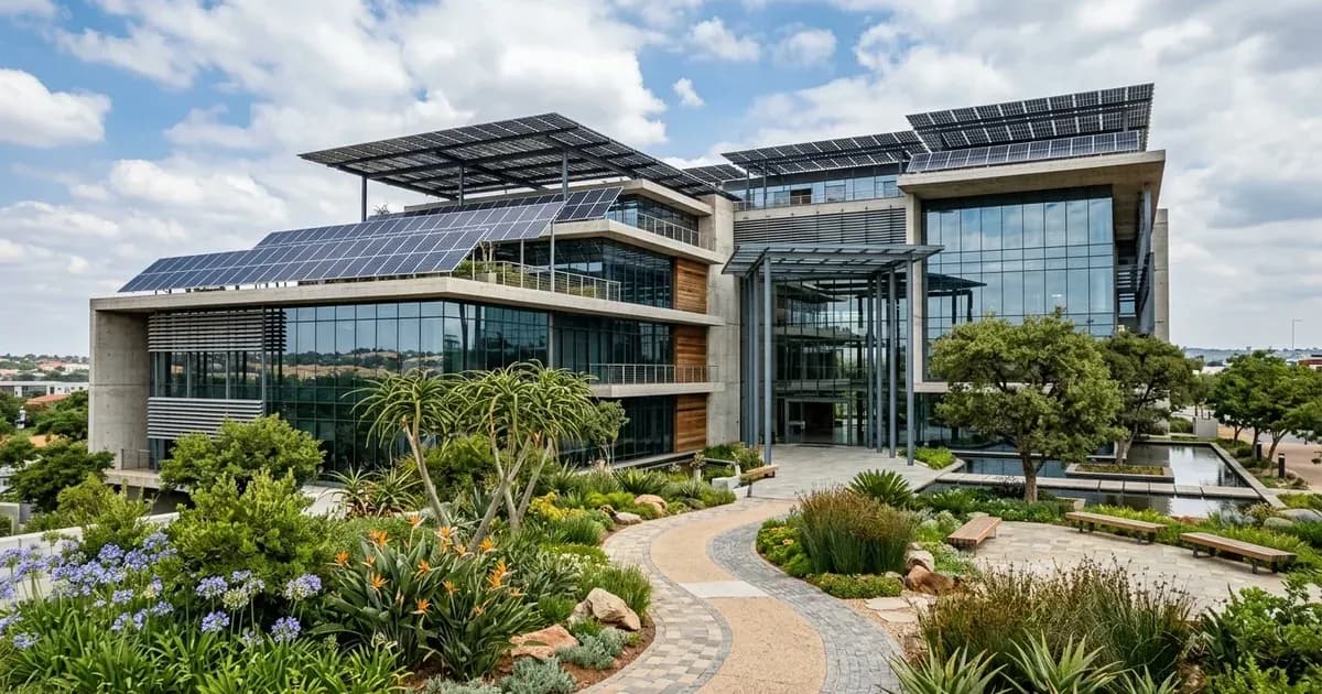 Modern eco-friendly commercial building in South Africa featuring an extensive rooftop solar panel installation. — SolarNevs spec card