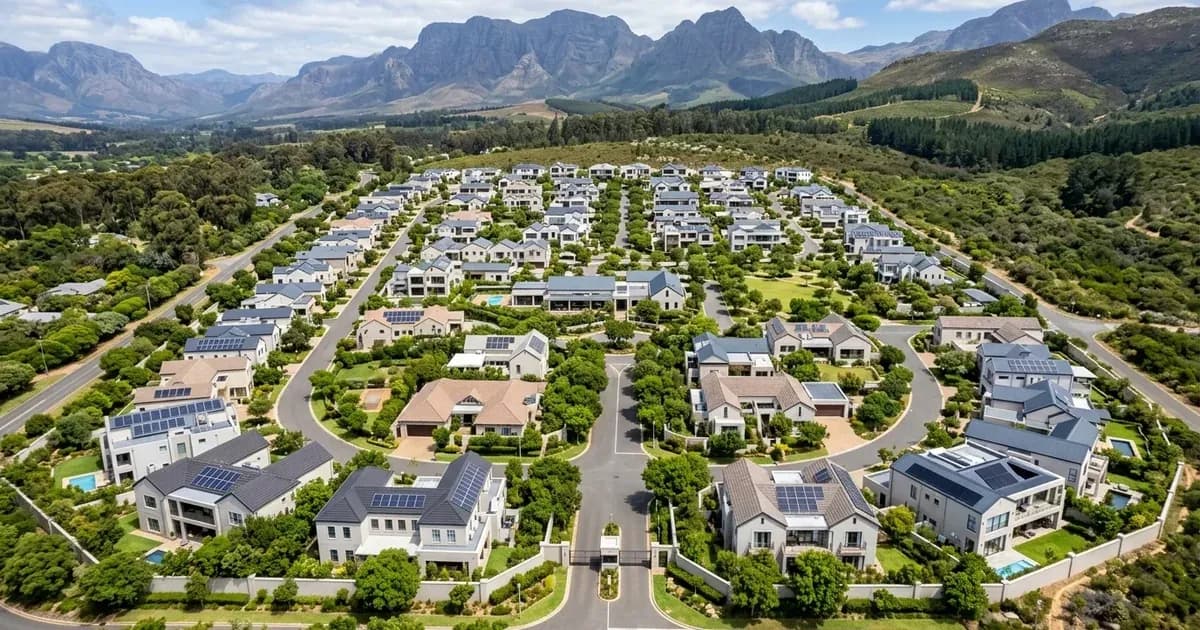 Rooftop solar panel installations on houses in a residential community estate in South Africa. — SolarNevs spec card