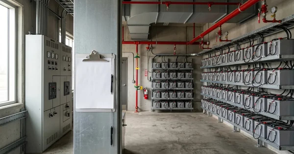 Industrial solar battery storage racks with fire suppression piping and electrical compliance switchgear. — SolarNevs spec card