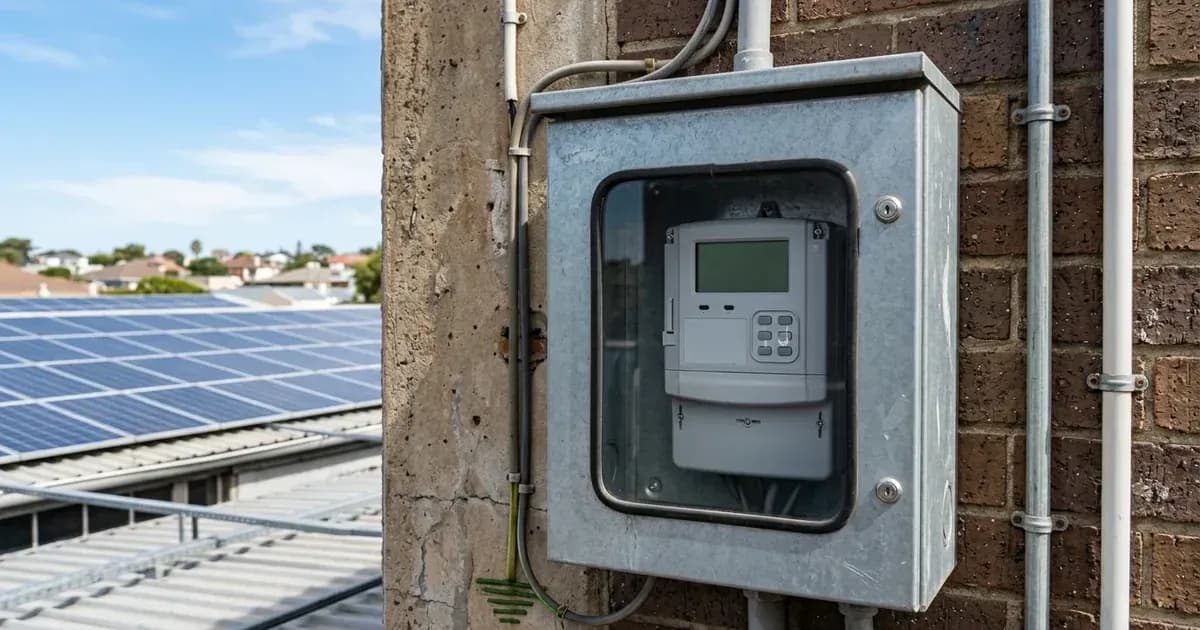 Outdoor bi-directional municipal smart meter enclosure with rooftop solar panels in the background. — SolarNevs spec card