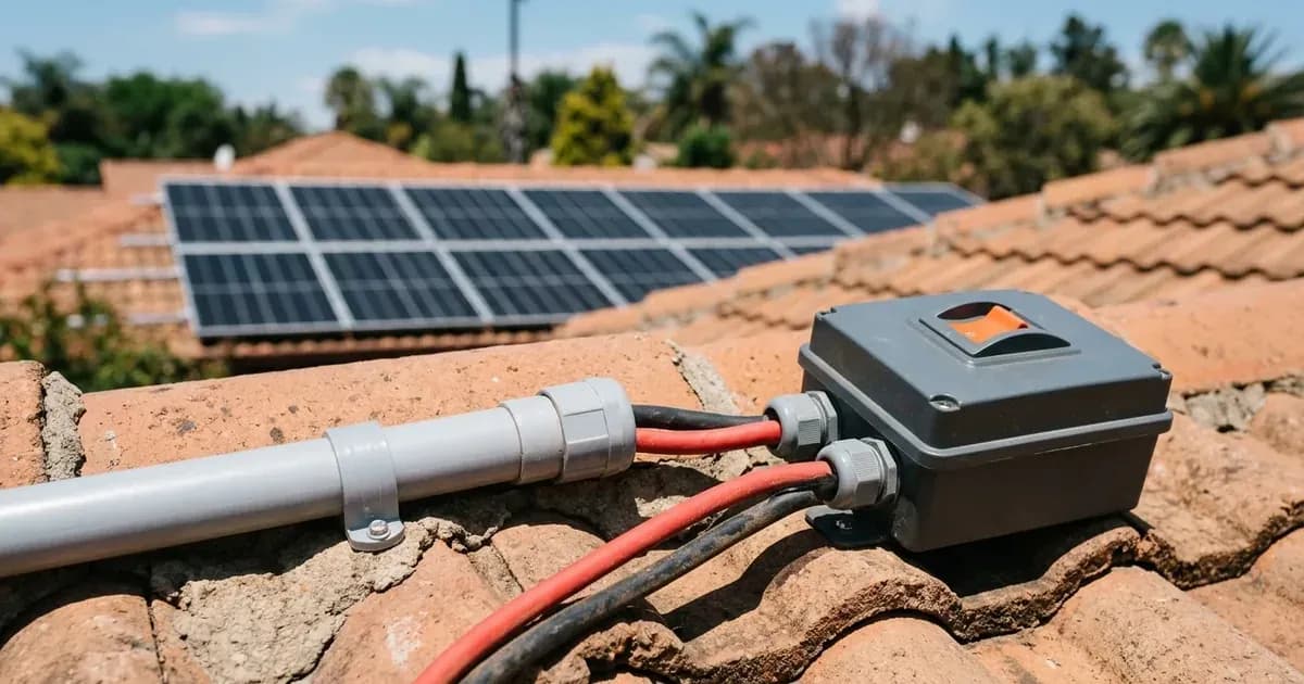 Solar DC cables routed through UV conduit into a rooftop isolator box with solar panels in background. — SolarNevs spec card