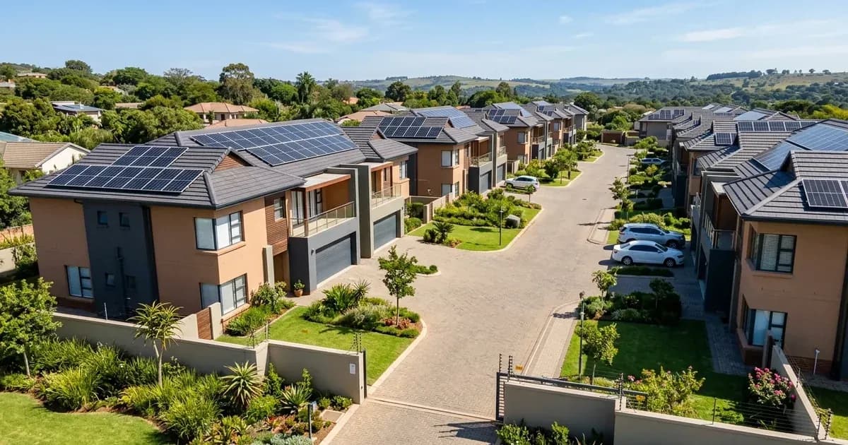 Rooftop solar panel installation on a modern residential sectional title townhouse complex in South Africa. — SolarNevs spec card