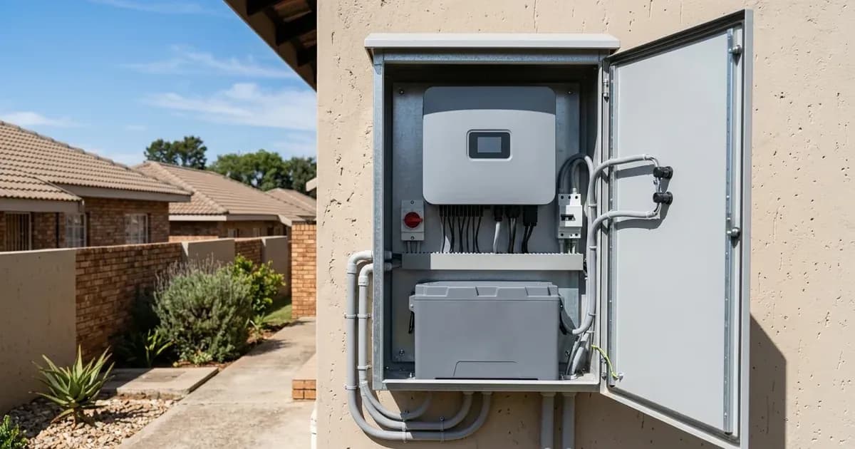 Outdoor utility enclosure housing a solar inverter and battery backup system on a townhouse wall. — SolarNevs spec card