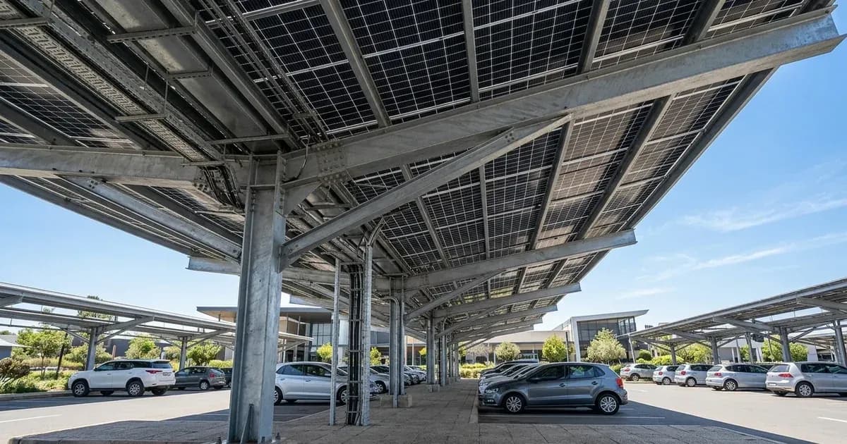 Galvanized steel solar carport canopy structure over a commercial shopping centre parking area in South Africa. — SolarNevs spec card
