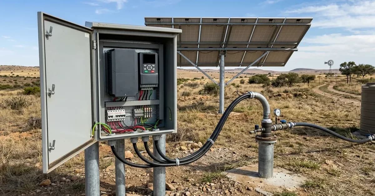 Outdoor VSD controller cabinet and borehole pump connected to a solar array on a South African farm. — SolarNevs spec card