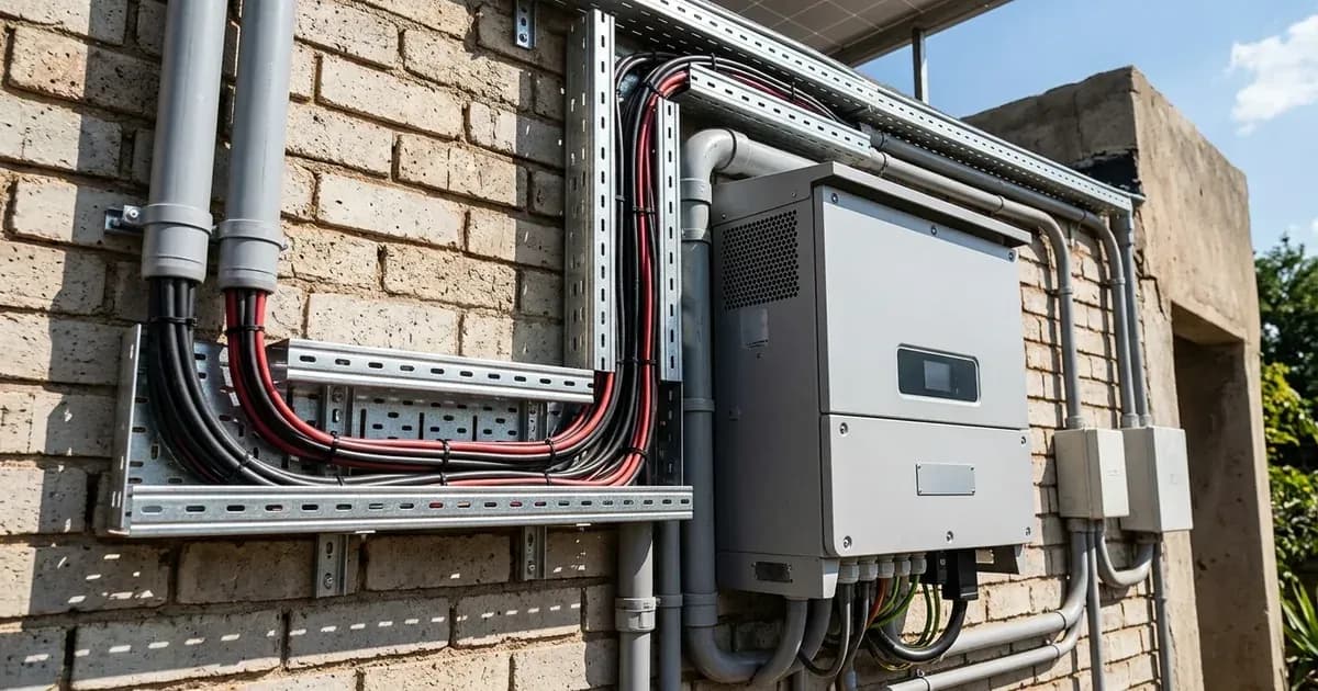Solar DC cables running through metal conduit and cable trays to an outdoor inverter enclosure on a brick wall. — SolarNevs spec card