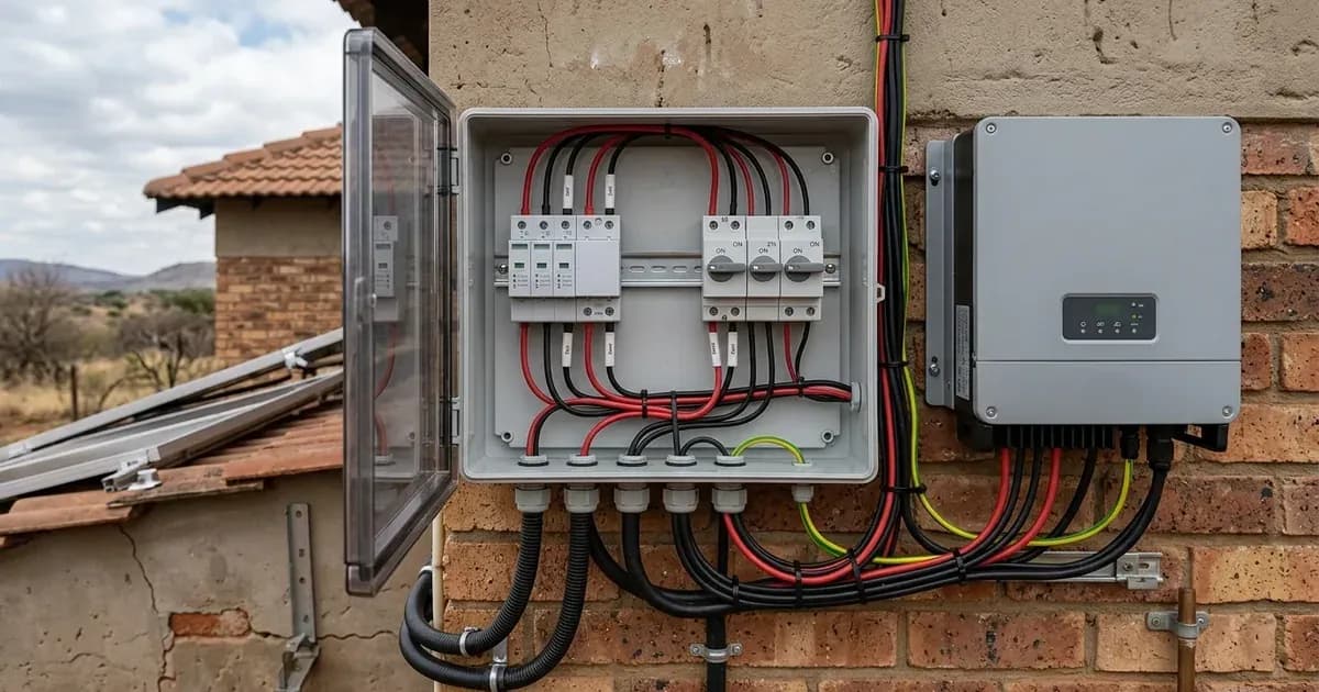 Open solar DC combiner box with DIN-rail surge protection devices and isolators beside an inverter in South Africa. — SolarNevs spec card