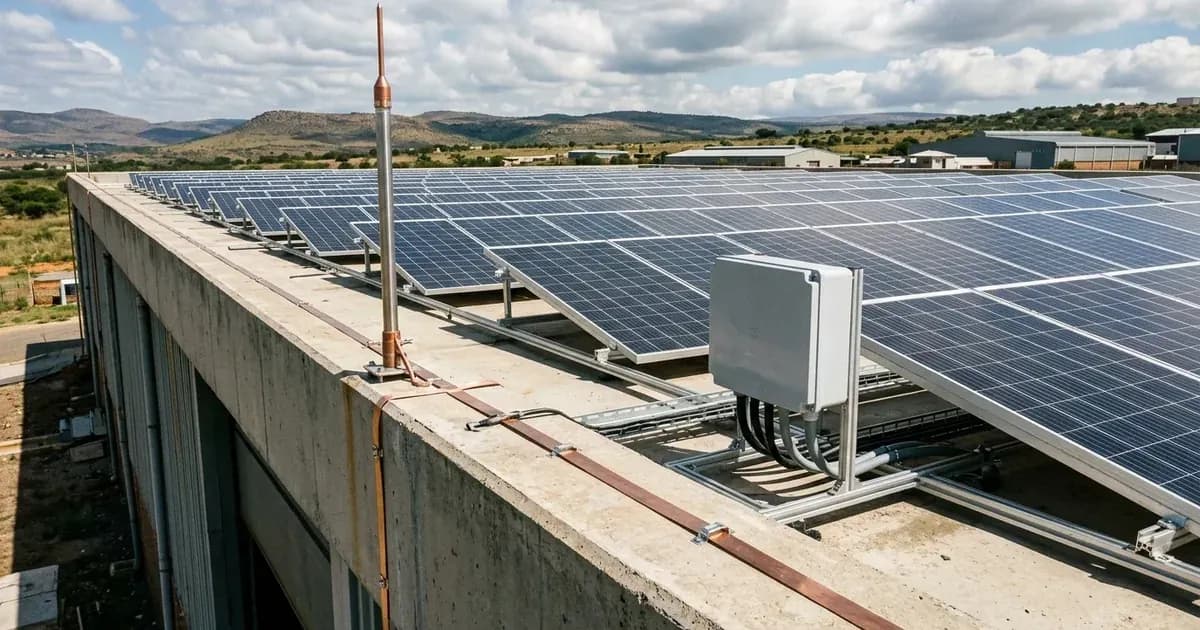 Rooftop commercial solar array with a lightning air-termination rod and copper grounding tape in South Africa. — SolarNevs spec card