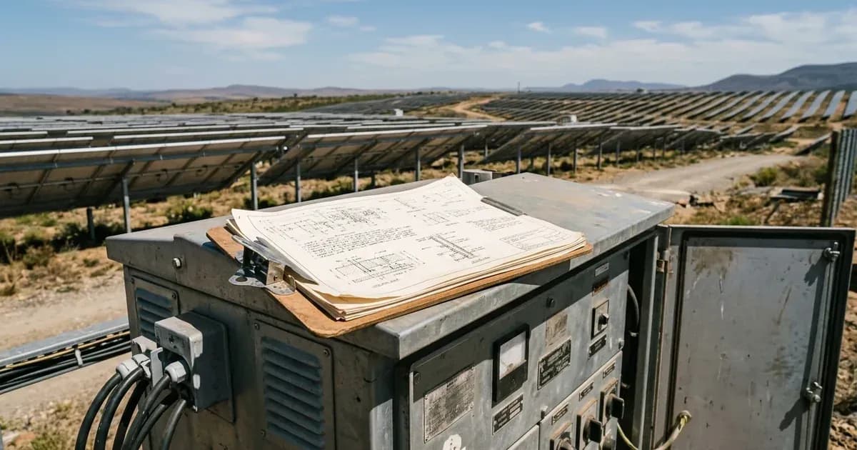 Clipboard with engineering schematics on a switchgear cabinet at a commercial solar plant in South Africa. — SolarNevs spec card