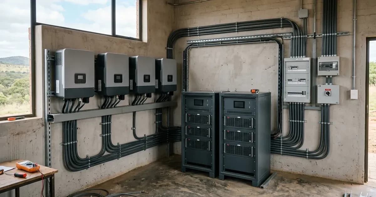 Parallel hybrid solar inverters and lithium battery storage racks in an electrical control room in South Africa. — SolarNevs spec card