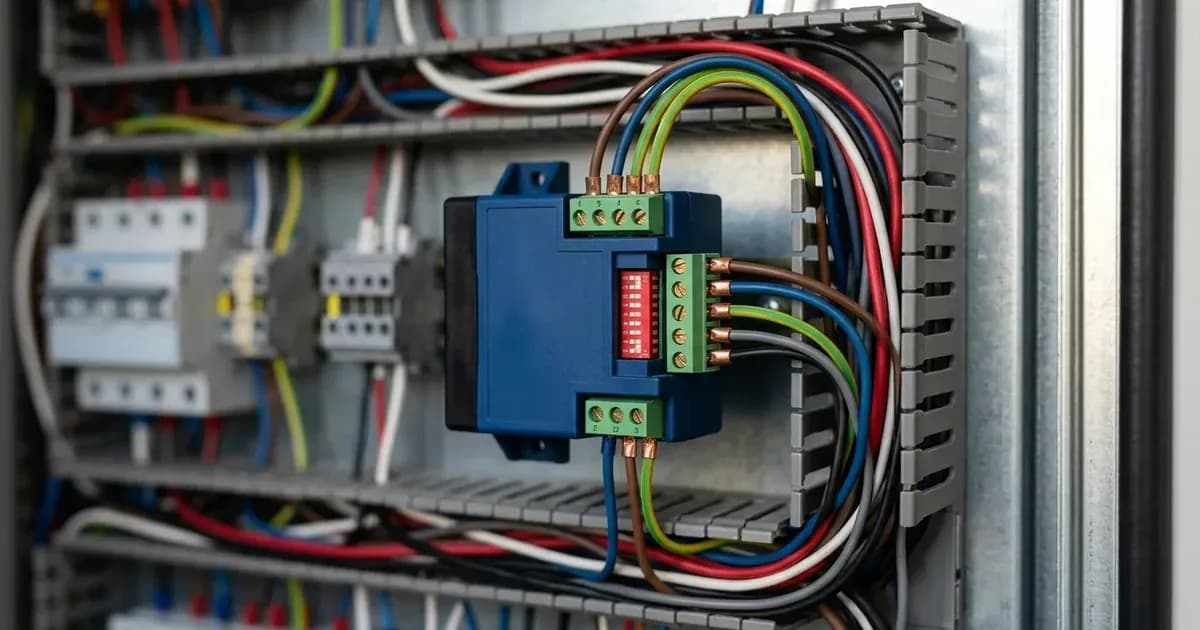 AC current sensor module showing configuration DIP switches and screw terminals inside an electrical cabinet — SolarNevs spec card