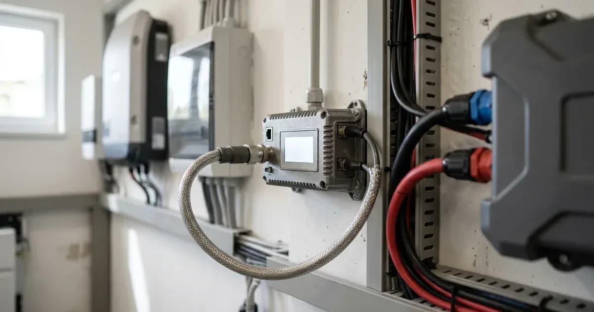 Communication controller unit connected via shielded data cable to a wall-mounted lithium battery enclosure. — SolarNevs spec card