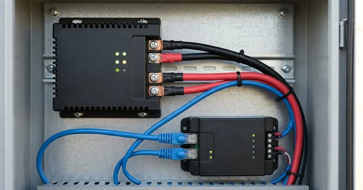 Monitoring controller and battery communication interface modules wired inside an electrical enclosure. — SolarNevs spec card