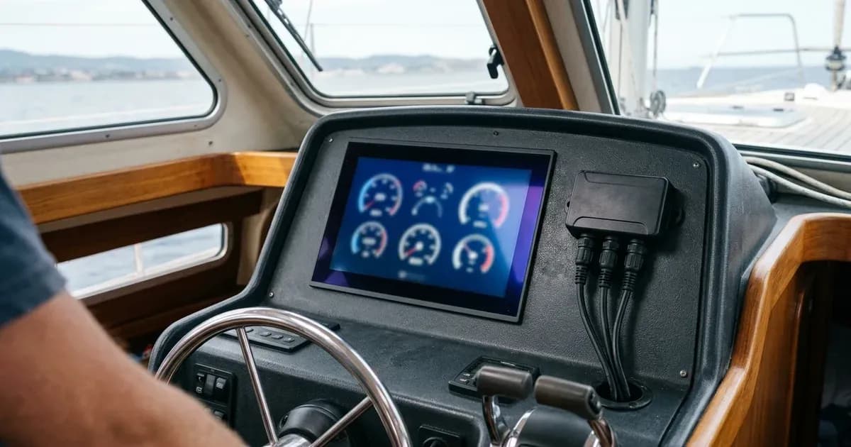 Marine multi-function display screen and monitoring module installed at a boat helm navigation station. — SolarNevs spec card