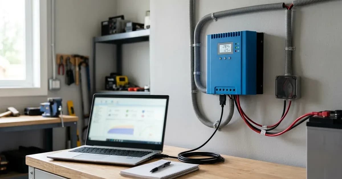 Blue MPPT solar charge controller mounted on a wall connected to a laptop on a workbench. — SolarNevs spec card