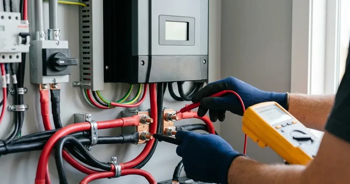 Technician in work gloves measuring terminal voltage on a solar charge controller with a multimeter. — SolarNevs spec card