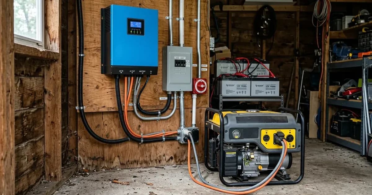 Blue wall-mounted inverter charger connected via AC power cabling to a backup generator in a utility room. — SolarNevs spec card