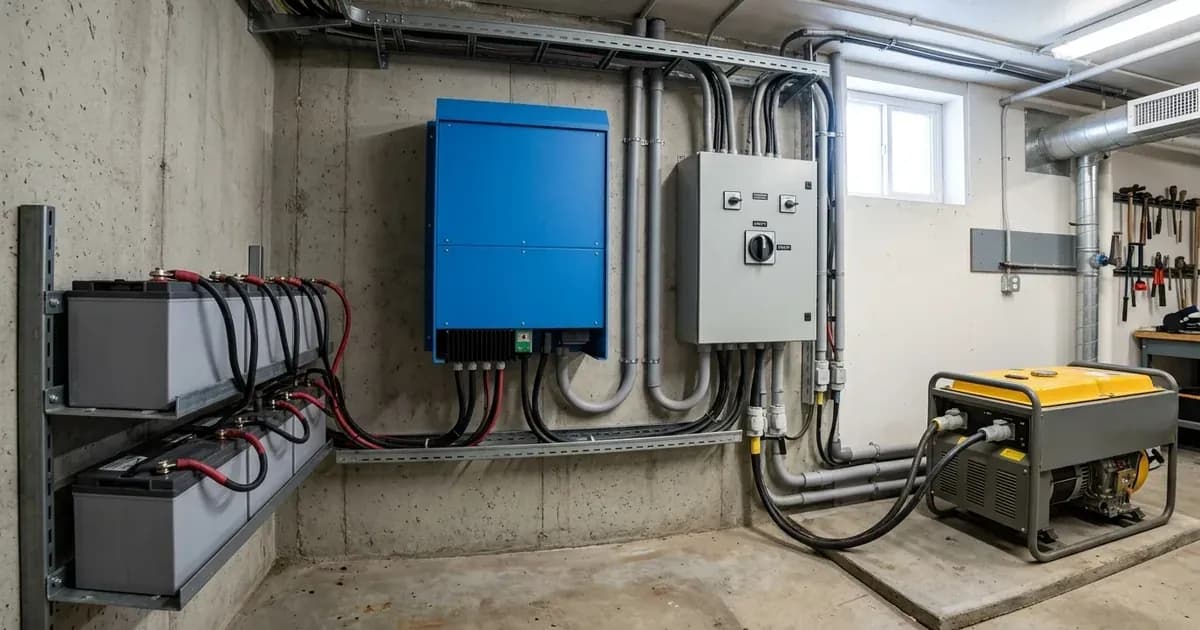 Wall-mounted solar inverter and electrical switchgear connected to a backup generator in a power room. — SolarNevs spec card