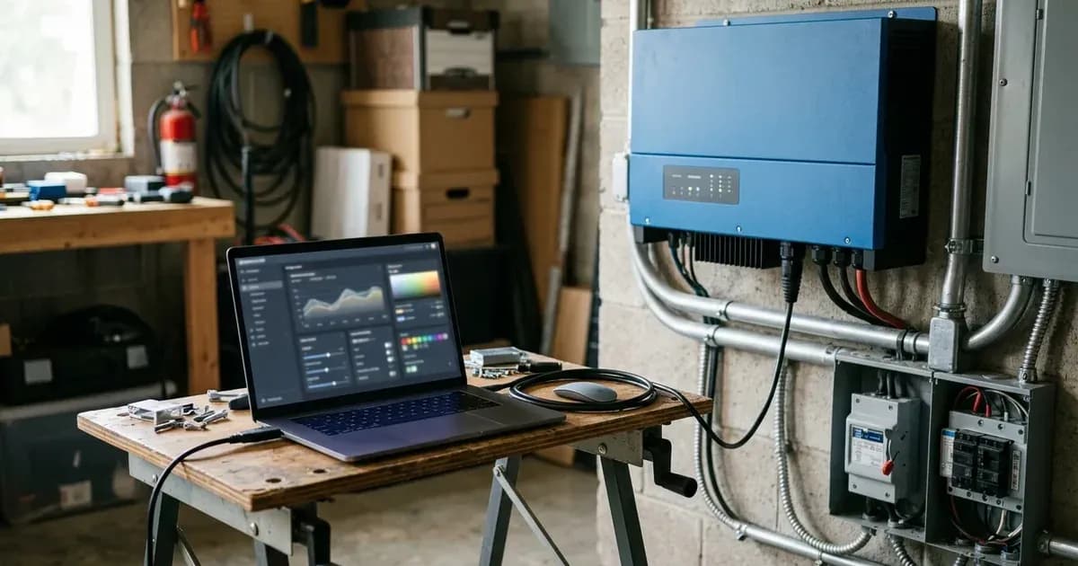 Wall-mounted hybrid inverter charger with an open laptop showing system configuration on a workbench. — SolarNevs spec card
