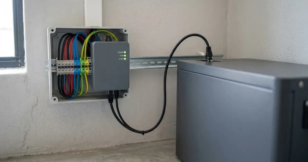 Wall-mounted solar gateway controller connected via CAN-bus data cable to a lithium battery enclosure. — SolarNevs spec card