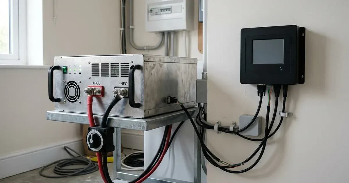Lithium battery module connected via communication cabling to a wall-mounted controller with blank screen. — SolarNevs spec card