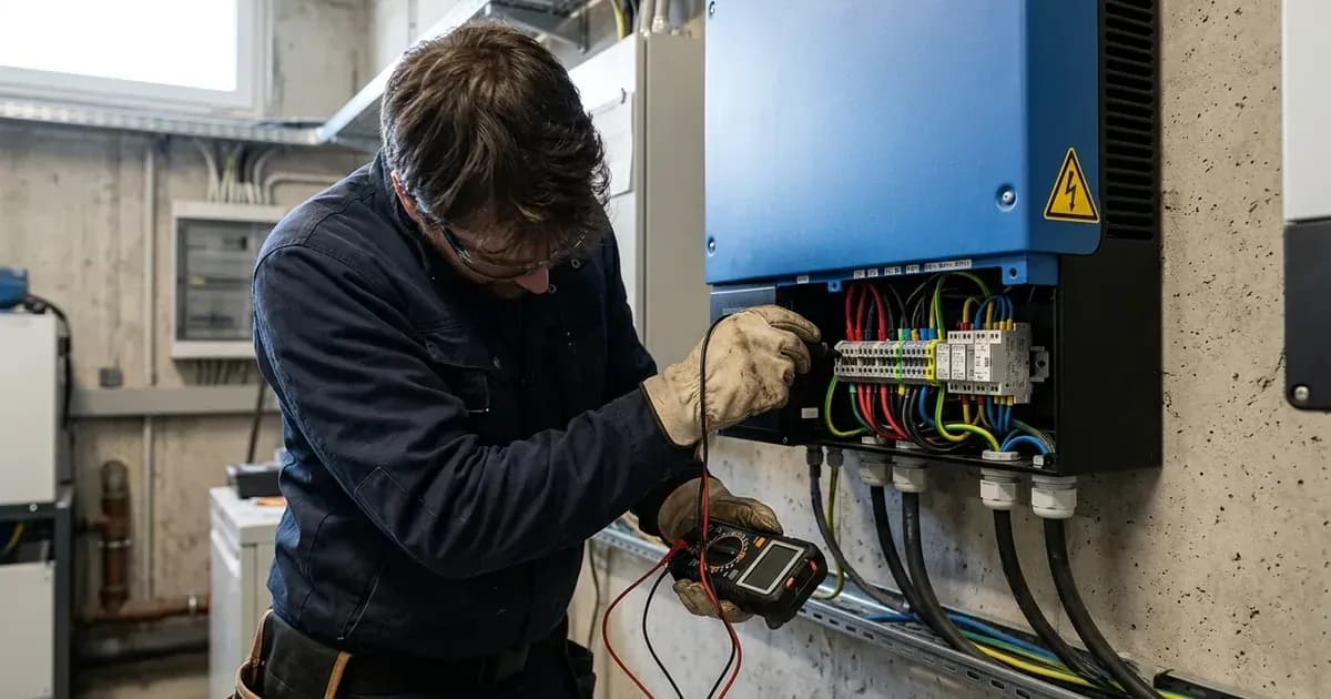 Technician using a multimeter to test wiring terminals on a wall-mounted blue hybrid inverter during maintenance. — SolarNevs spec card