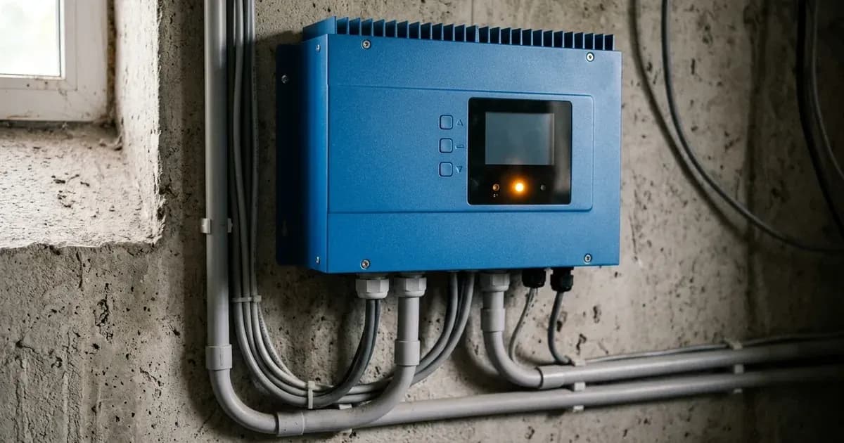 Blue solar inverter unit mounted on a concrete wall with an amber status LED illuminated and blank display. — SolarNevs spec card