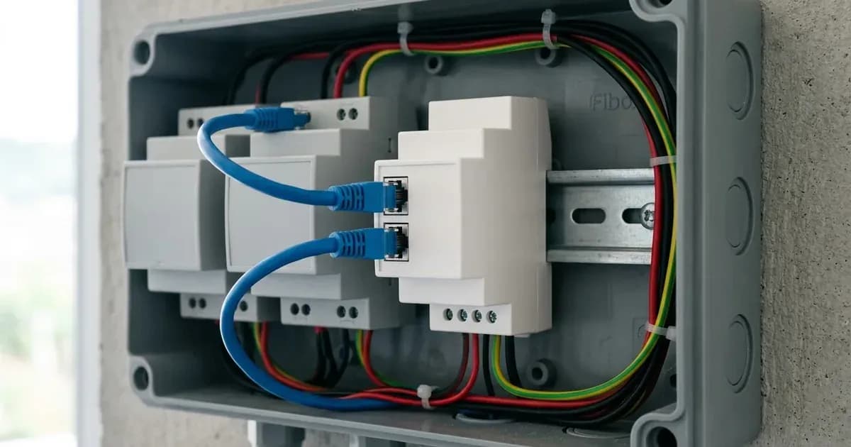White DIN-rail communication module with RJ45 network patch cables inside an electrical junction enclosure. — SolarNevs spec card