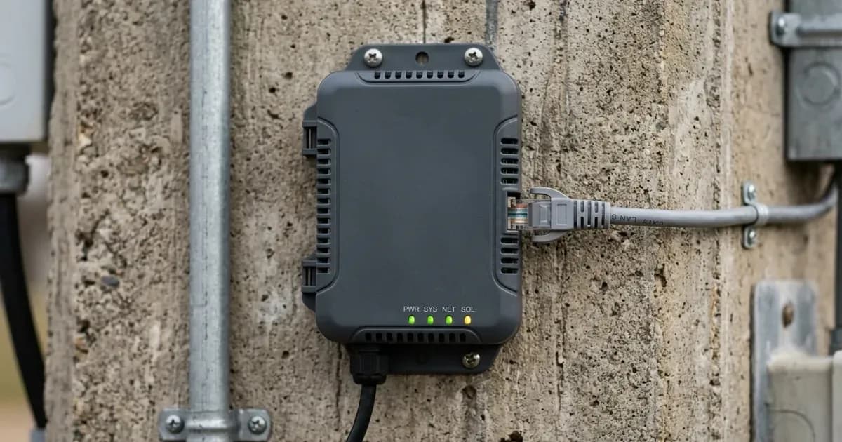 Solar gateway communication device with Ethernet connection and status indicator lights mounted on a wall. — SolarNevs spec card