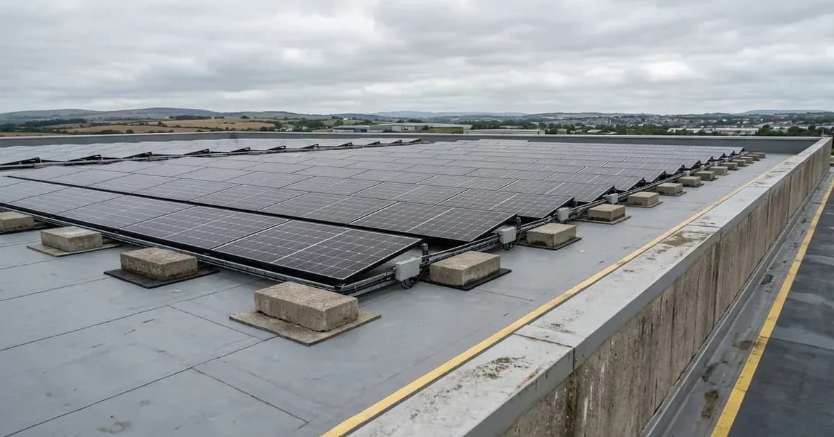 Ballasted solar panels on a commercial flat roof showing setback distance from the parapet wall. — SolarNevs spec card