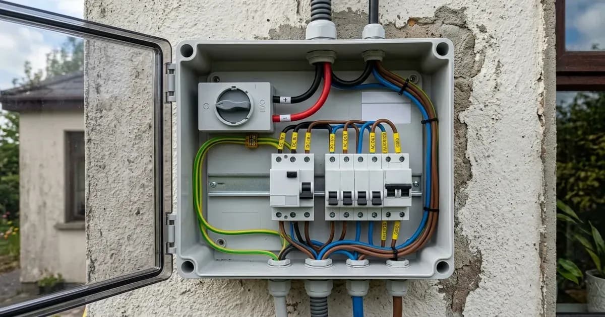 An electrical enclosure with DC rotary isolator, circuit breakers, and RCD protection for a solar PV system. — SolarNevs spec card
