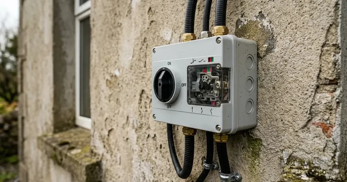 A wall-mounted emergency DC solar isolation switch enclosure installed on an exterior rendered wall. — SolarNevs spec card