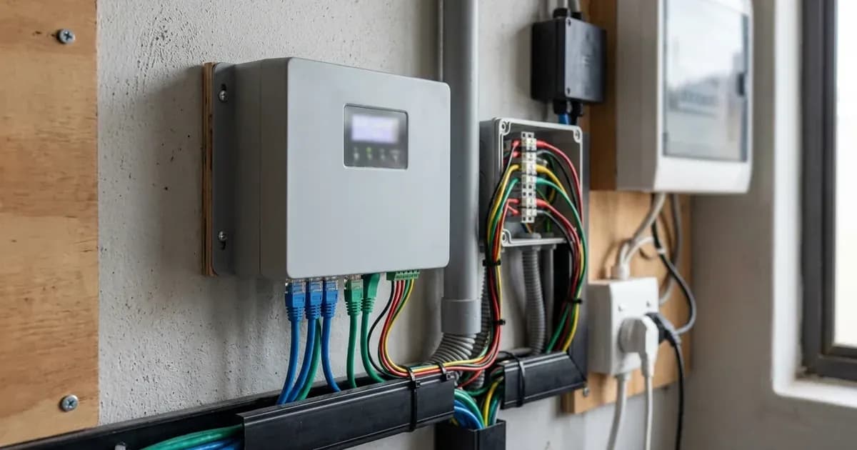 Wall-mounted solar communications controller with ethernet network wiring in an electrical installation. — SolarNevs spec card